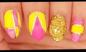 Glittery Neons & Gold nail art