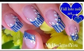 Easy Nail Art Design | Blue and Silver Stripy French ♥