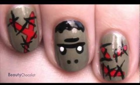 Frankenstein Nail Art With Bloody Stitches -- Halloween Nail Design for Short Nails