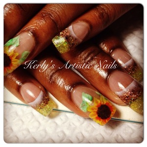 Encapsulated acrylic sunflower nails. 