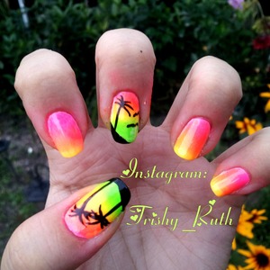 Neons. Pink, Orange, Yellow, Green Gradient. Palm Trees and Birds.