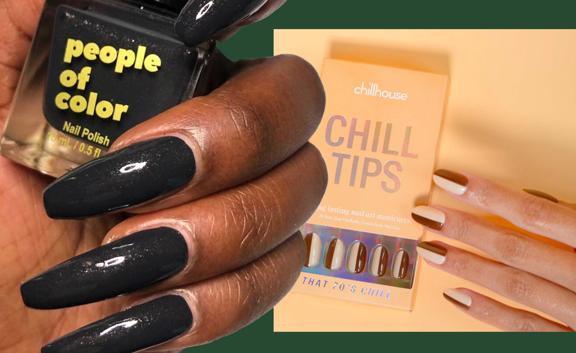 Photo: People of Color Beauty Nail Polish in Rani Chennamma (L) and Chillhouse The Signature Chill Tips in That 70’s Chill. Images courtesy of People of Color Beauty and Chillhouse