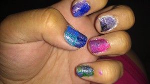 EACH NAIL HAS MULTIPULE COLORS OF THE SAME COLOR WITH CHINA GLAZE CRACKLE GLAZE OVER THEM 