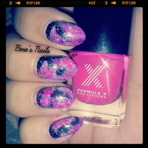 Black base nails and sponged on different type of pinks in swirled directions. Topped off with a fine silver glitter.