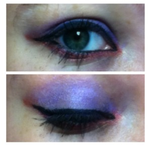mainly purple on your lid and place red eyeshadow on your inner corner of your tear duct and blend it. Then place red on you bottom lid and wing it out. Blend the purple and red. Using black eyeliner wing it out along the red and place on your bottom and top lid. USe 2 coats of mascara.