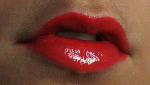 coral red lip I wore with it.