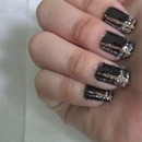 plaid nail art with silver and gold glitter 