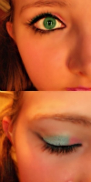 pink and blue eyeshadow degsin with a  black liner ans wing. 
step 1: cover eye with a right amount of primer
step2: take you pink eyeshadow and put it in the corner of you eye. make sure it is bright.Also blend it into your crease.
step3:take you blue eyeshadow and blend it with the pink and do the rest of your eye. Blend it into you crease.
step 4: take your black liner (can be you pencil lner or your liquid line) and make a thin line across you lid.
step 5: to  make the wing take you pencil liner and make a line on the end of you line across you lid. take the q-tip and shape you  wing anyway you want it.
step 6: dont forget to do you water line. Make sure you go a little bit under you water line with the pencil liner to make a dramatic affect.
step 6: curl you lashes(if you want to) and layer your marsacra.