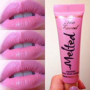 Lips swatches of Too Faced melted in shade Peony.
