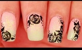 Black Roses on Pastel Ombre nail art