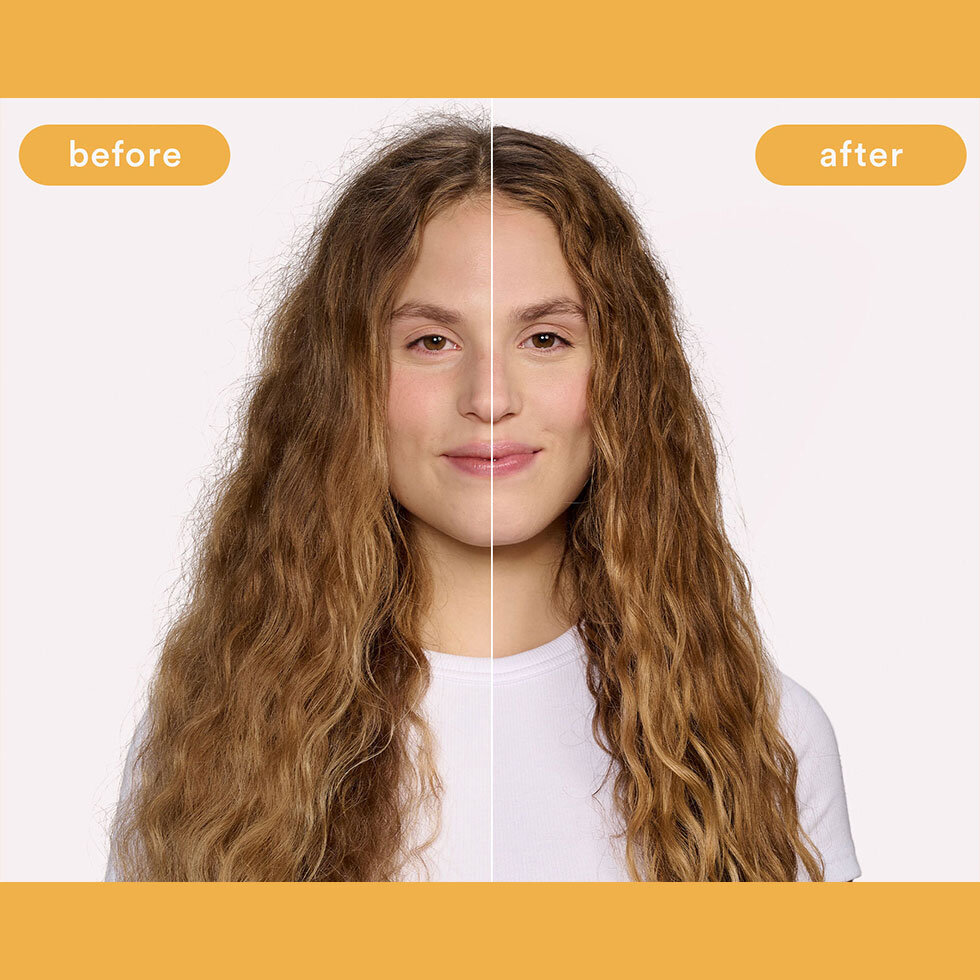 Verb model before and after using the Verb Curl Shampoo and Conditioner