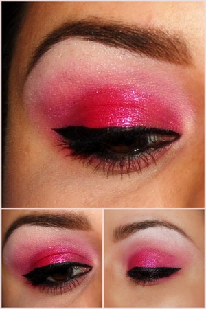 -primed with hard candy face primer and applied NYX eyeshadow base
-BH cosmetics 88 color matte palette hot pink on lid.
-Blended some light pink from same palette from crease to browbone
-highlighted with a shimmery light pink from same palette
-with some glitter glue I packet some LaSplash shimmery Glitter mineral eyeshadow in the middle of the lid.
-eyeliner LaSplash liquid eyeliner
-light pink in the inner lower lashline and hot pink in outer lower lashline
-upper and lower water line with Rimmel soft kohl black eyeliner
-Eye lashes: Maybelline volume'xpress falsies mascara
- eyebrows with anastasia eyebrow duo in brunette