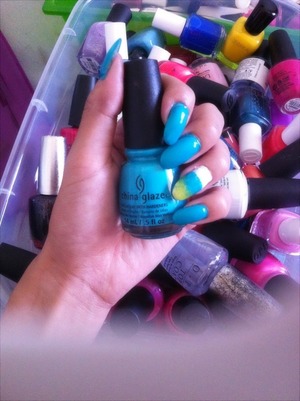 First try ! 
Opi - alpine snow "
China Glaze " tuned up turquoise" 
essie - " the more the merrier " 