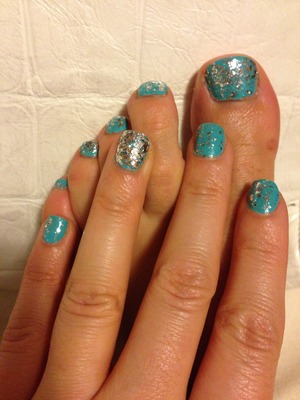 Turquoise nails w/ Essie Luxe Effects silver glitter