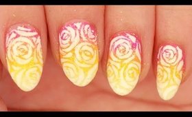 Neon Ombre with Roses nail art