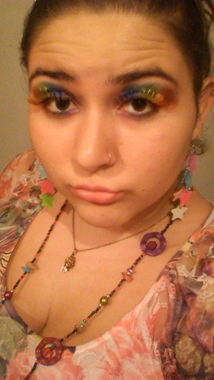 Claire's bright eye shadow palette and rainbow eyelashes from Halloween at Walmart (I think) 