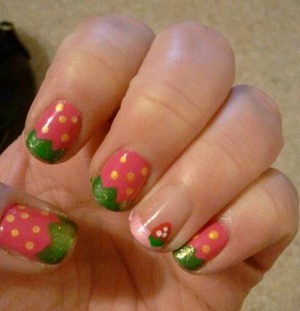 Summer strawberry nails with pink French and wee strawberry accent pre-clean up.