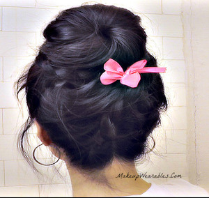 http://www.makeupwearables.com/2013/01/upside-down-braided-sock-bun-hairstyles.html
Learn how to do a romantic, cute, and messy, upside down braided sock bun  on your own hair,  for short, medium, and long hair.  Unique double lace braids!

Find me on YouTube - http://www.youtube.com/user/MakeupWearables