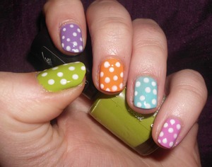 Day 11: POLKA DOTS! I love polka dotssss :D I used all my favorite bright colours with white dots :)

Colours I used: NYC Color ‘Casper’ Rimmel ‘Limealicious’ OPI ‘A Grape Fit!’, Jordana ‘Sweet Orange’ BYS ‘Sky’s the Limit’ and Rimmel ‘Lucky Lilac’
