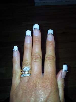 Acrylics with white tip and rhinestones