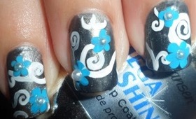 Simple Swirls ~ Blue Floral Nail Art/ Diseño fácil de flores celestes