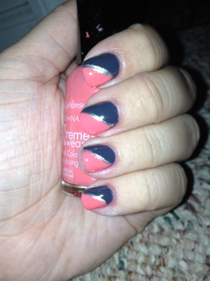 Coral and grey nails w/silver stripe