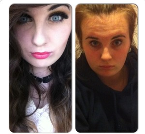 this is the difference, the first photo is me when I'm going out on a night out and the second one is what I look like without makeup and my hair up , but usually I have makeup on but not as much as in the first one