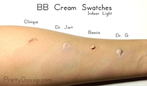 Comparison of popular BB Creams: Clinique, Dr. Jart (Korean), Boscia, Dr. G (Korean)
Full review: http://prettygossip.com/2012/01/05/bb-cream-airbrush-in-a-bottle/