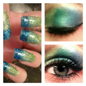 Ombre lime green, teal, & peacock matching eyes & nails 