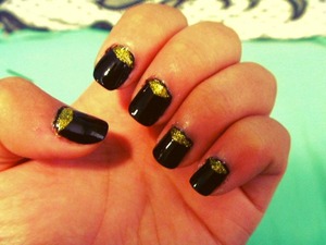 Black Nails With Glittery Gold Half Moon