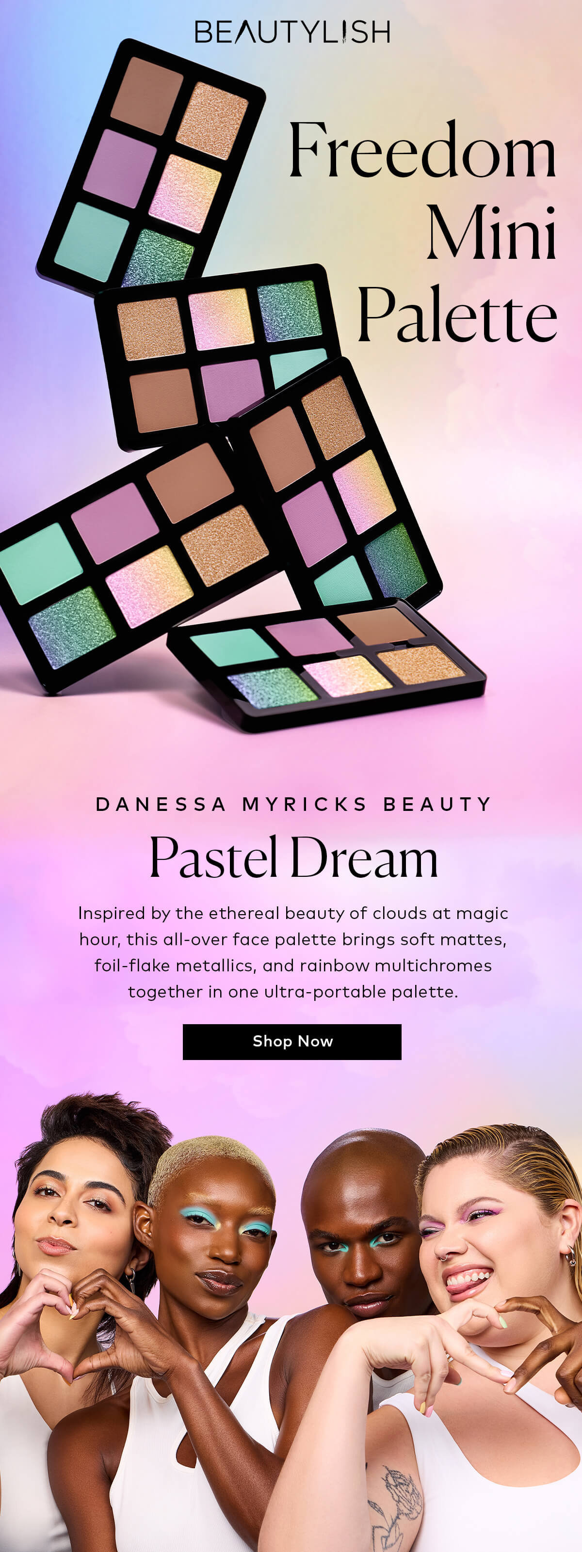 This all-over face palette brings soft mattes, foil-flake metallics, and rainbow multichromes together in one ultra-portable palette. Shop the Danessa Myricks Beauty Pastel Dream Freedom Mini Palette at Beautylish.com
