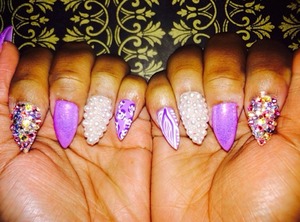 Full set done by @dazzlingdreamnails on Instagram. #crystals #purple #pearls #holographic 
