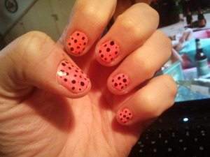 Just got a new nail art set! LA Girl white, pink and black nail polish. A dot tool came with them and works really well. I have never tried this dots before, i like them black on pink base :)