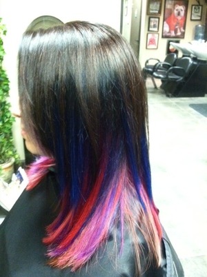 My latest hair adventure, layers of pink, red, purple and blue. I LOVE my stylist!