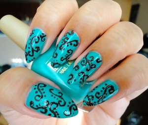 I was inspired by a wedding cake that I saw on Tumblr.  I knew I had to do some sort of nail design with vintage swirls with some teal, turquoise, jade sort of green.  