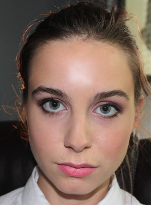 A great pinky look for summer. A smokey eye created using pinks and purples, a bright pink cheek and a matte ballet pink lipstick. 