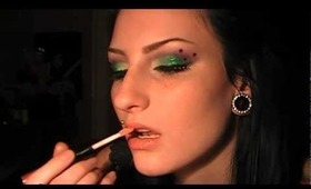 Purple / Green makeup look tutorial with rhinestones and glitter