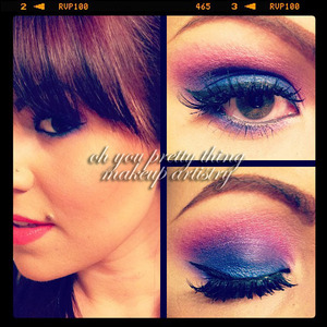 blues and purples for a girls night out paired with a bright orangey/coral lip