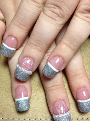 simple holo french with pearls and image plate wings
