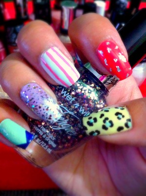 Mint purple red/pink yellow blue nails. 