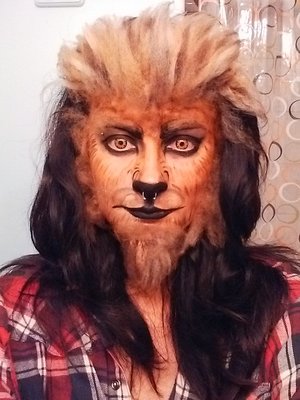 Face paint, homemade fur, crazy contacts and hair spray. 