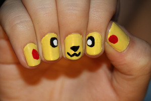 PIKA-PIKA-PIKACHU NAILS!

First of all, I'm not the one who came up with this. I found a tutorial by Cutepolish, a youtube nail art guru. She found a picture of this design on the web, but it still didn't have a source.
ANYWAYS

Isn't this so adorable? (: