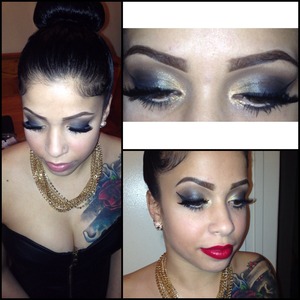 Black Smokey eye with gold and cateye liner