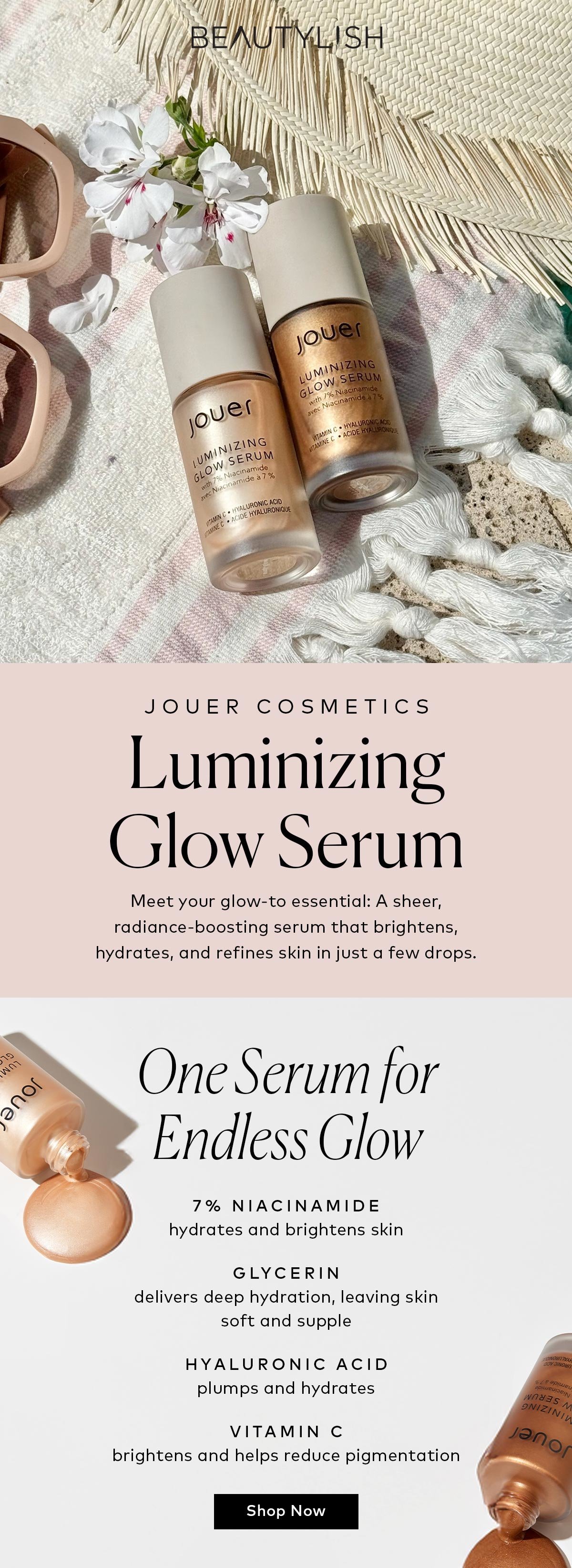 Meet your glow-to essential: A sheer, radiance-boosting serum that brightens, hydrates, and refines skin in just a few drops. Shop the Jouer Cosmetics Luminizing Glow Serum at Beautylish.com