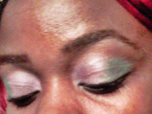 Two-toned shadow pink & seagreen , black liner

Amuse-  pink
L.A. COLORS- 5 color metallic eyeshadow TEASE: green