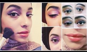 Romantic egyptian eyeliner,ombre purple eyes♡Pop of gold +coral lips Full face makeup