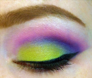 Decided on a neon look today just for fun.  This looks much more blended in person, my camera isn't the greatest.
Products used:
- e.l.f. Eyelid Primer
- NYX Jumbo Eye Pencil in "Milk"
- e.l.f. 144 Bright palette
- NYX Super Skinny marker
- Maybelline Volum' Express Mega Plush mascara
- Rimmel Eyebrow Pencil in "Hazel"
- Sally Girl Brow Powder in "Light Brown"