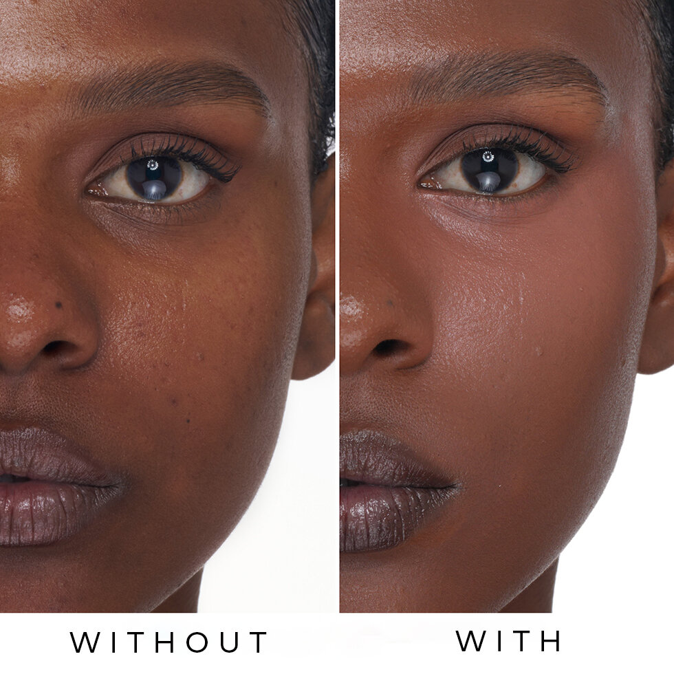 Model with and without Natasha Denona HY-GLAM Brightener