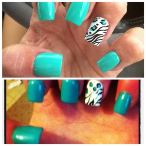 Teal, cheetah & zebra print nails.