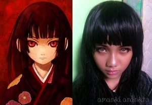My sister Ifa (10 y.o) is a big fan of Ai Enma in Manga Hell Girl. she ask me to transform her self to be Ai Enma. So I put eyeliner and wig on her. Because she is so young, I don't put contact lens on her, only edit the colors of the eye with modiface on IOS 